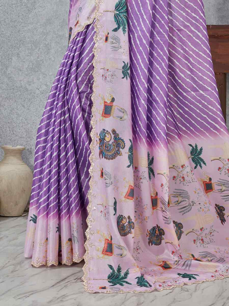 Purple Satin Silk Printed Traditional Casual Reception Festival Wedding Fancy Heavy Border Saree