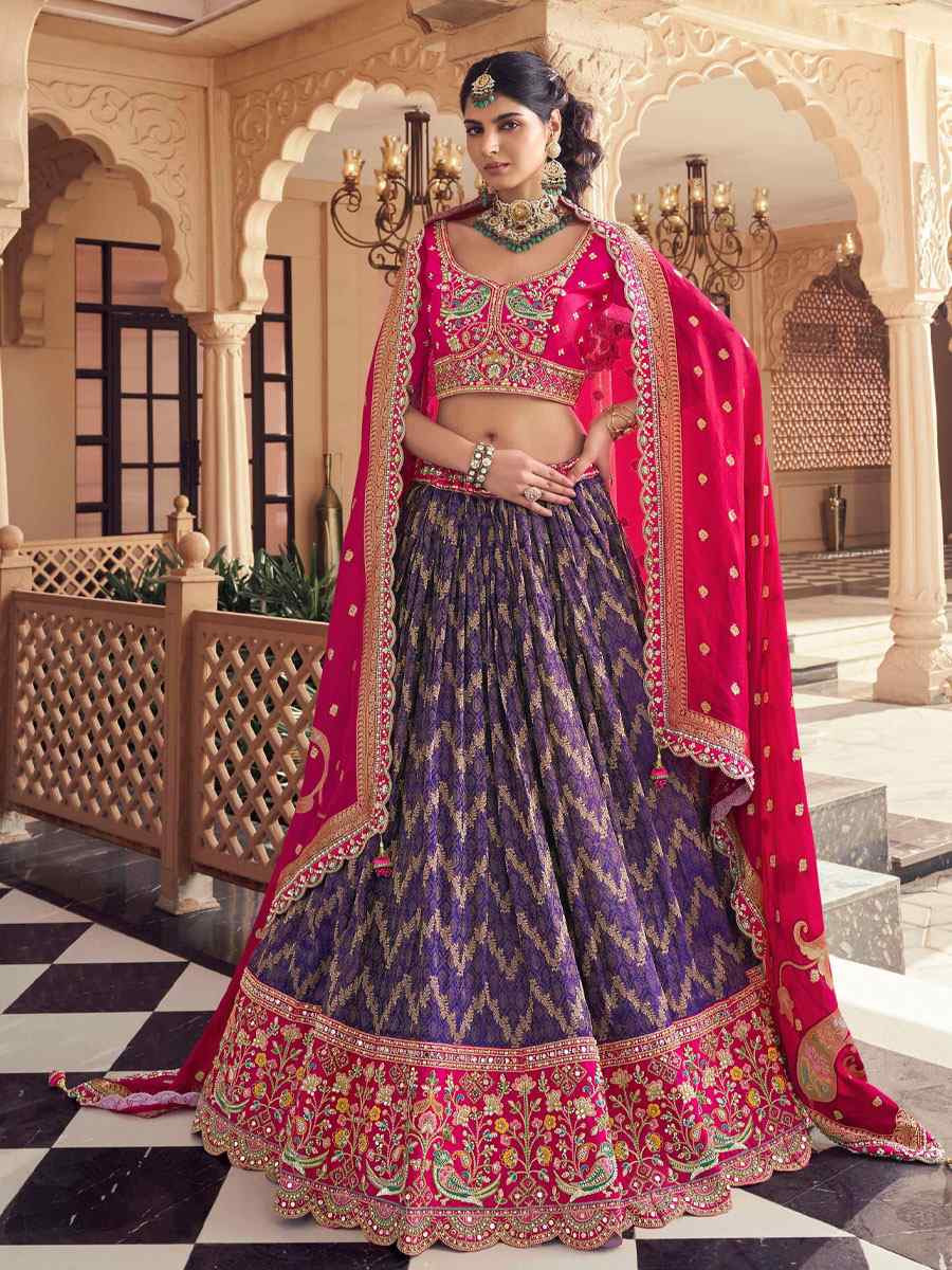 Purple Satin Tissue Silk Embroidered Festival Wedding Party Reception Heavy Border Lehenga Choli