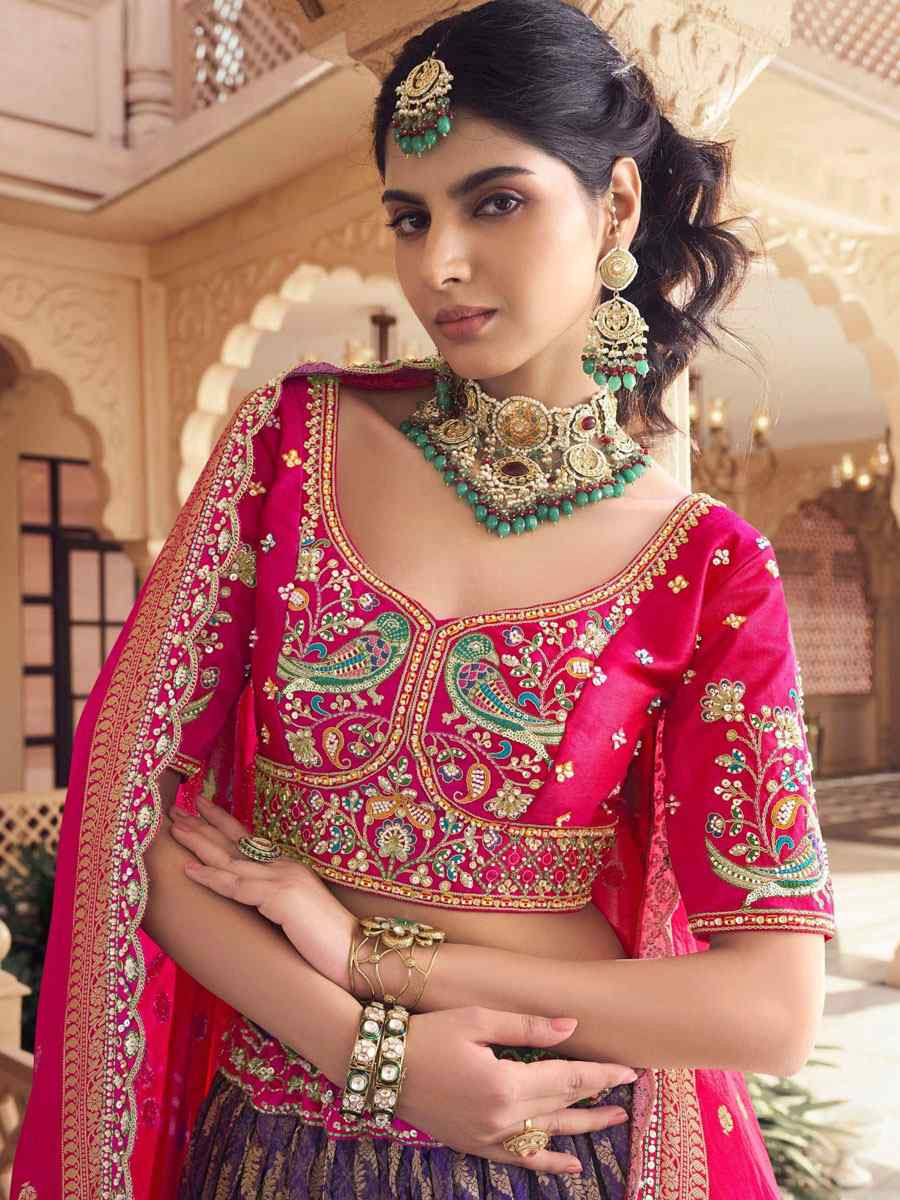 Purple Satin Tissue Silk Embroidered Festival Wedding Party Reception Heavy Border Lehenga Choli