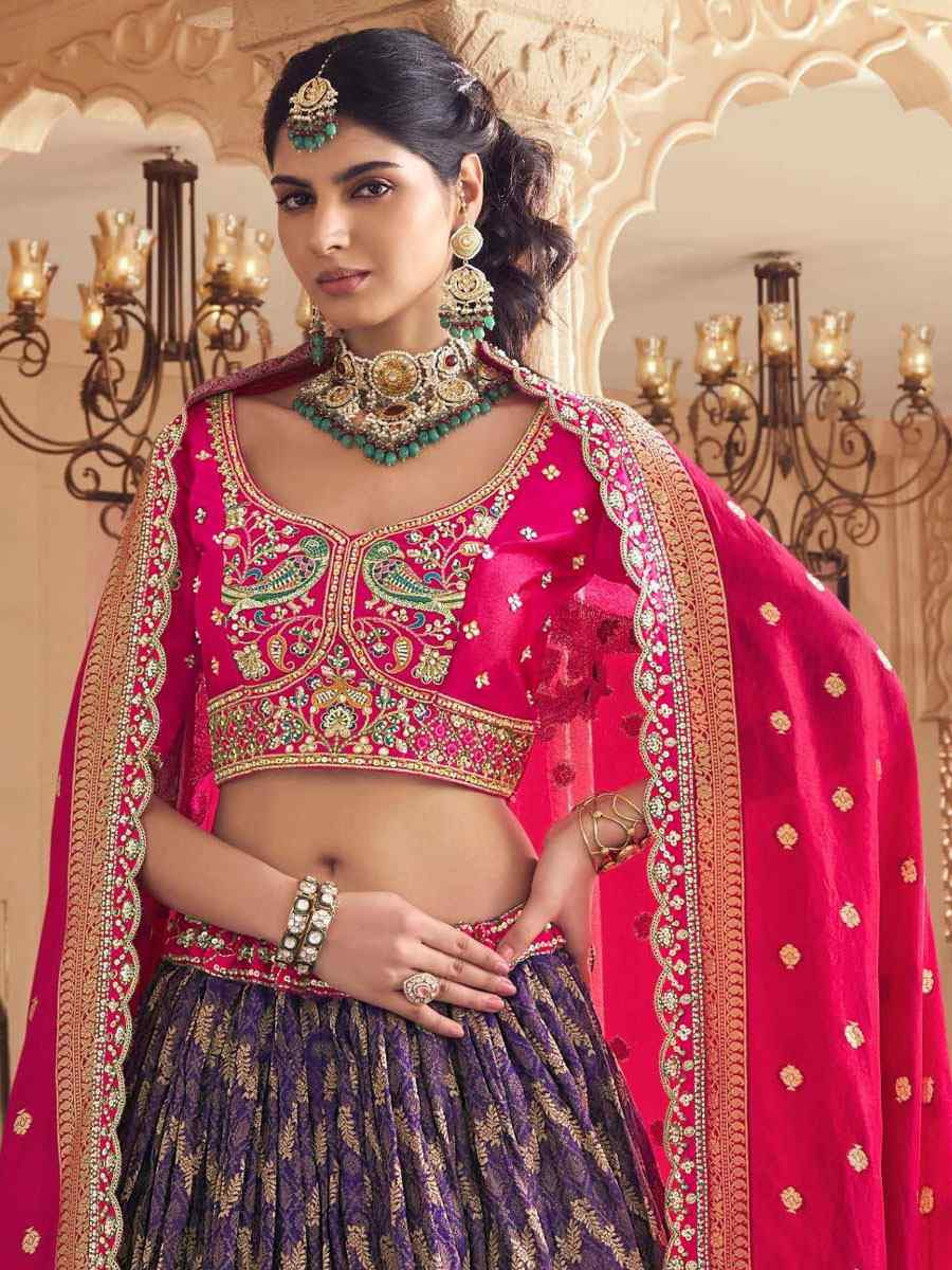 Purple Satin Tissue Silk Embroidered Festival Wedding Party Reception Heavy Border Lehenga Choli