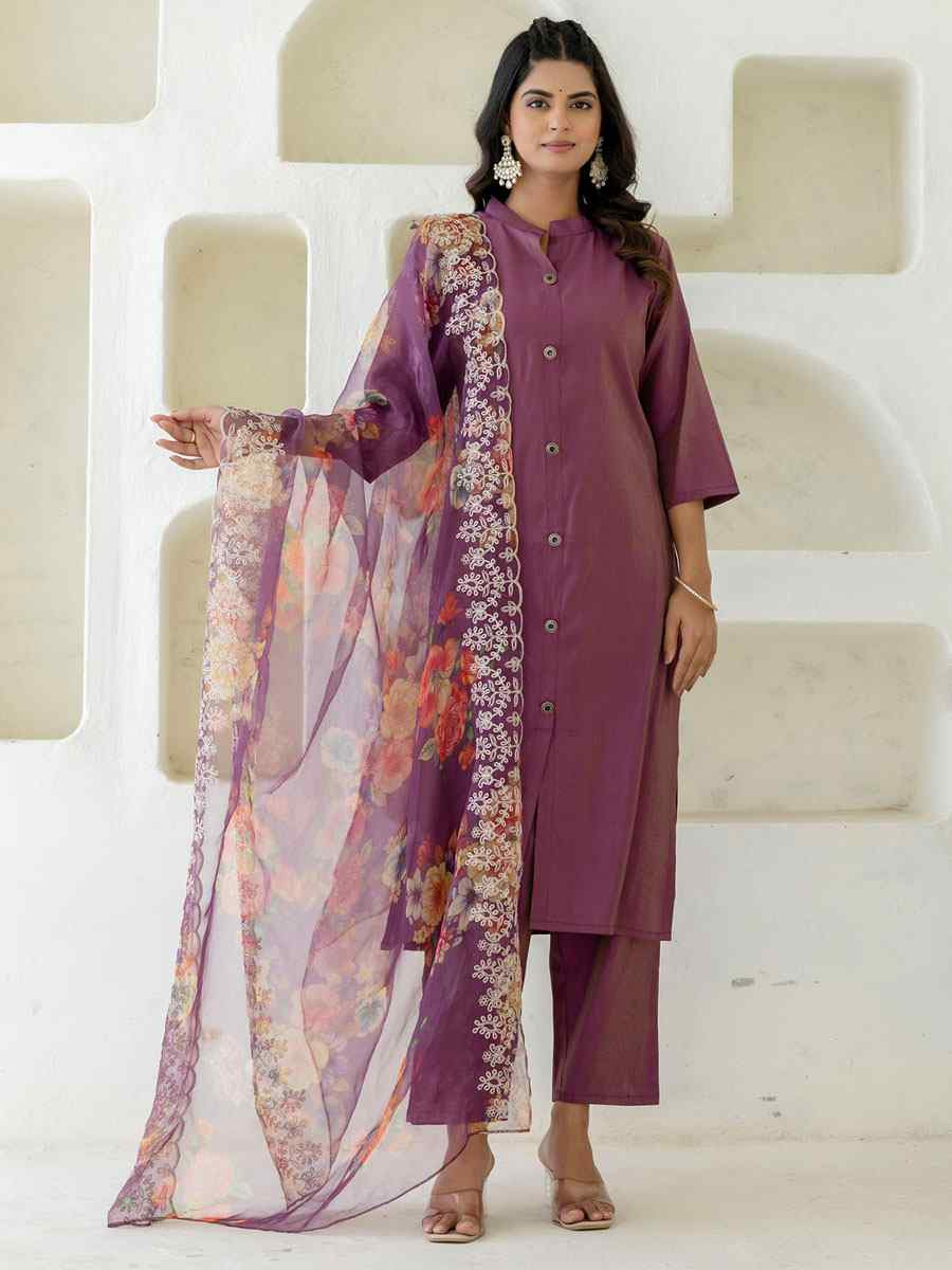 Purple Shimmer Silk Plain Party Wedding Festival Casual Ready Pant Salwar Kameez