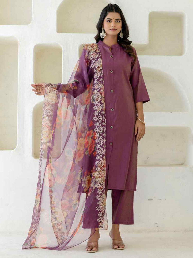 Image of Purple Shimmer Silk Plain Party Wedding Festival Casual Ready Pant Salwar Kameez