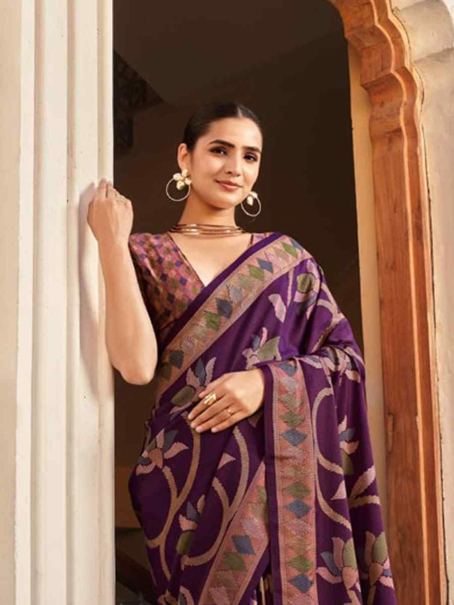 Purple Sigma Silk Zari Handwoven Casual Reception Festival Wedding Fancy Heavy Border Saree