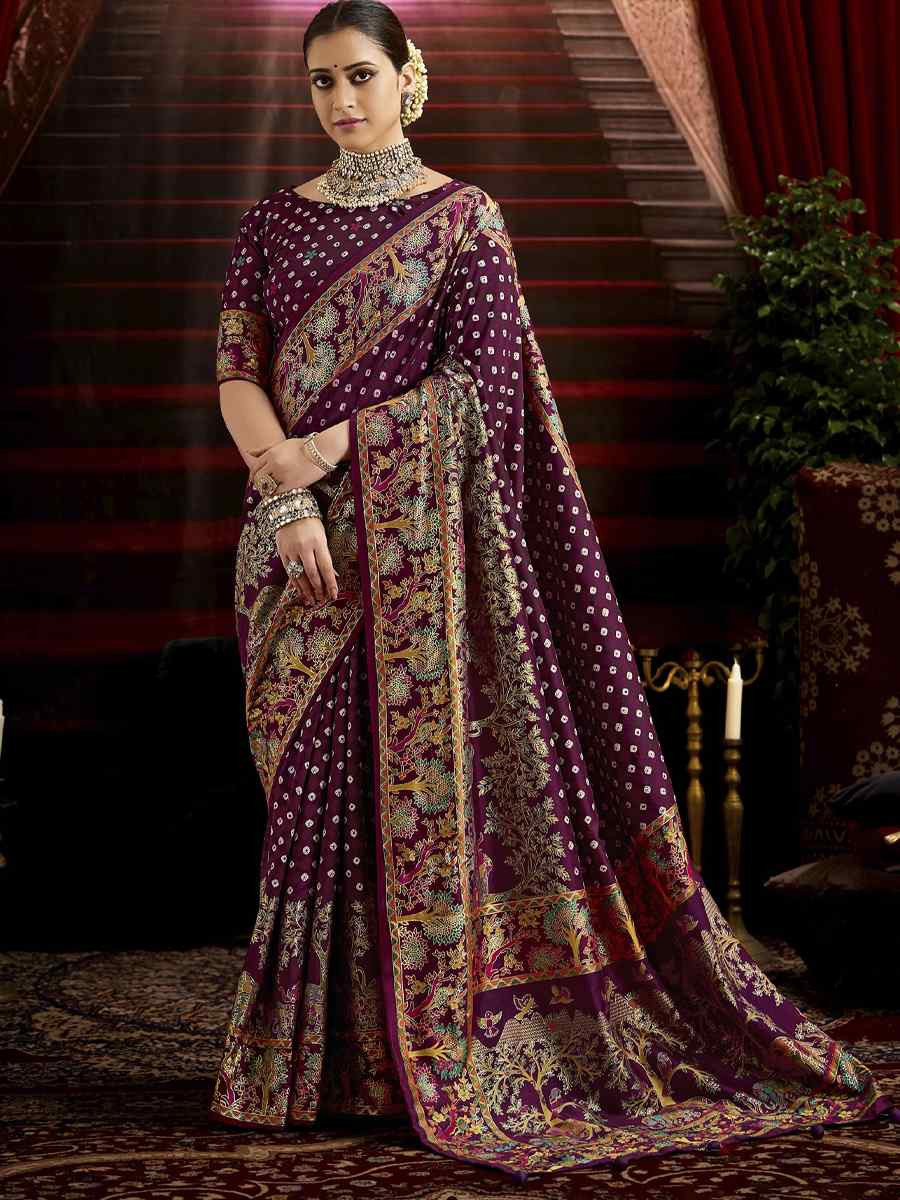 Purple Silk Bhandej Prined Traditional Bridal Reception Festival Wedding Fancy Heavy Border Saree