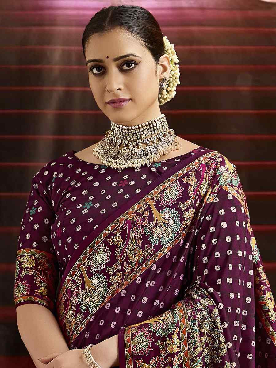 Purple Silk Bhandej Prined Traditional Bridal Reception Festival Wedding Fancy Heavy Border Saree