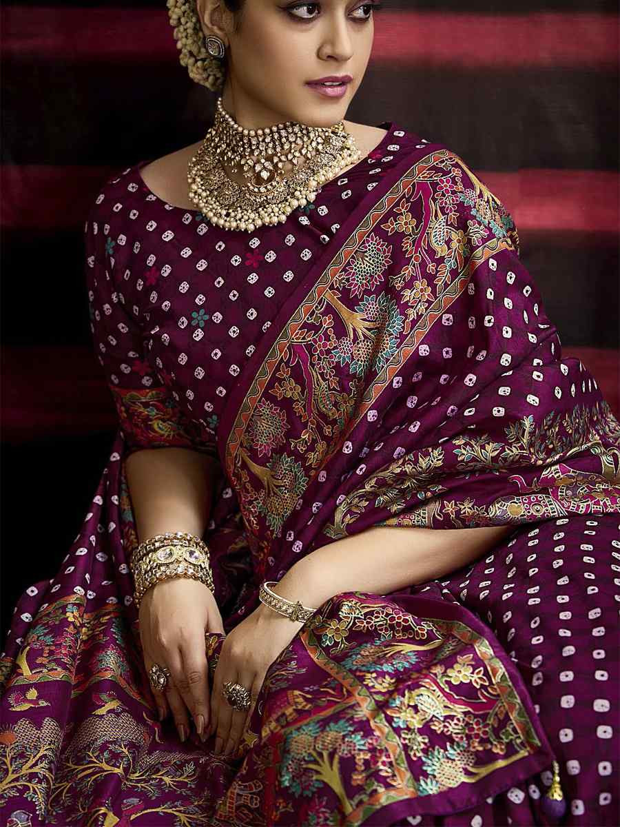 Purple Silk Bhandej Prined Traditional Bridal Reception Festival Wedding Fancy Heavy Border Saree