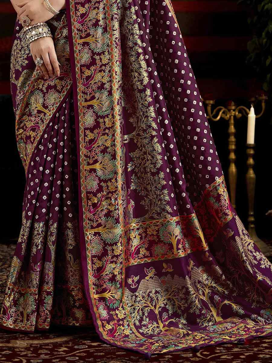 Purple Silk Bhandej Prined Traditional Bridal Reception Festival Wedding Fancy Heavy Border Saree