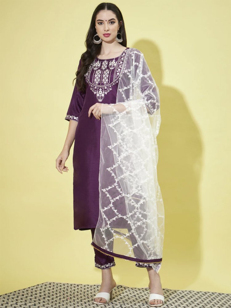 Purple Silk Blend Embroidered Festival Casual Pant Salwar Kameez