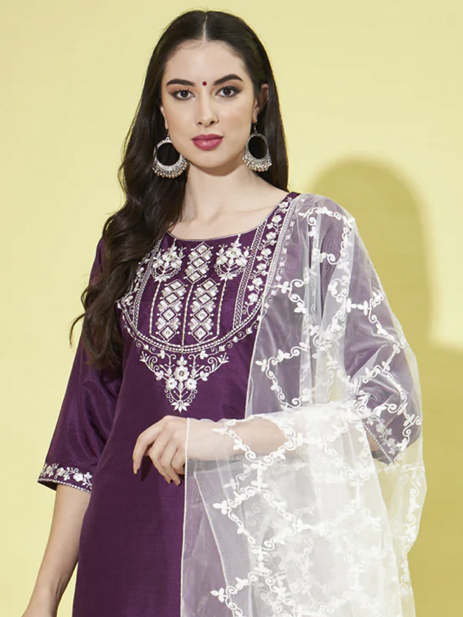 Purple Silk Blend Embroidered Festival Casual Pant Salwar Kameez
