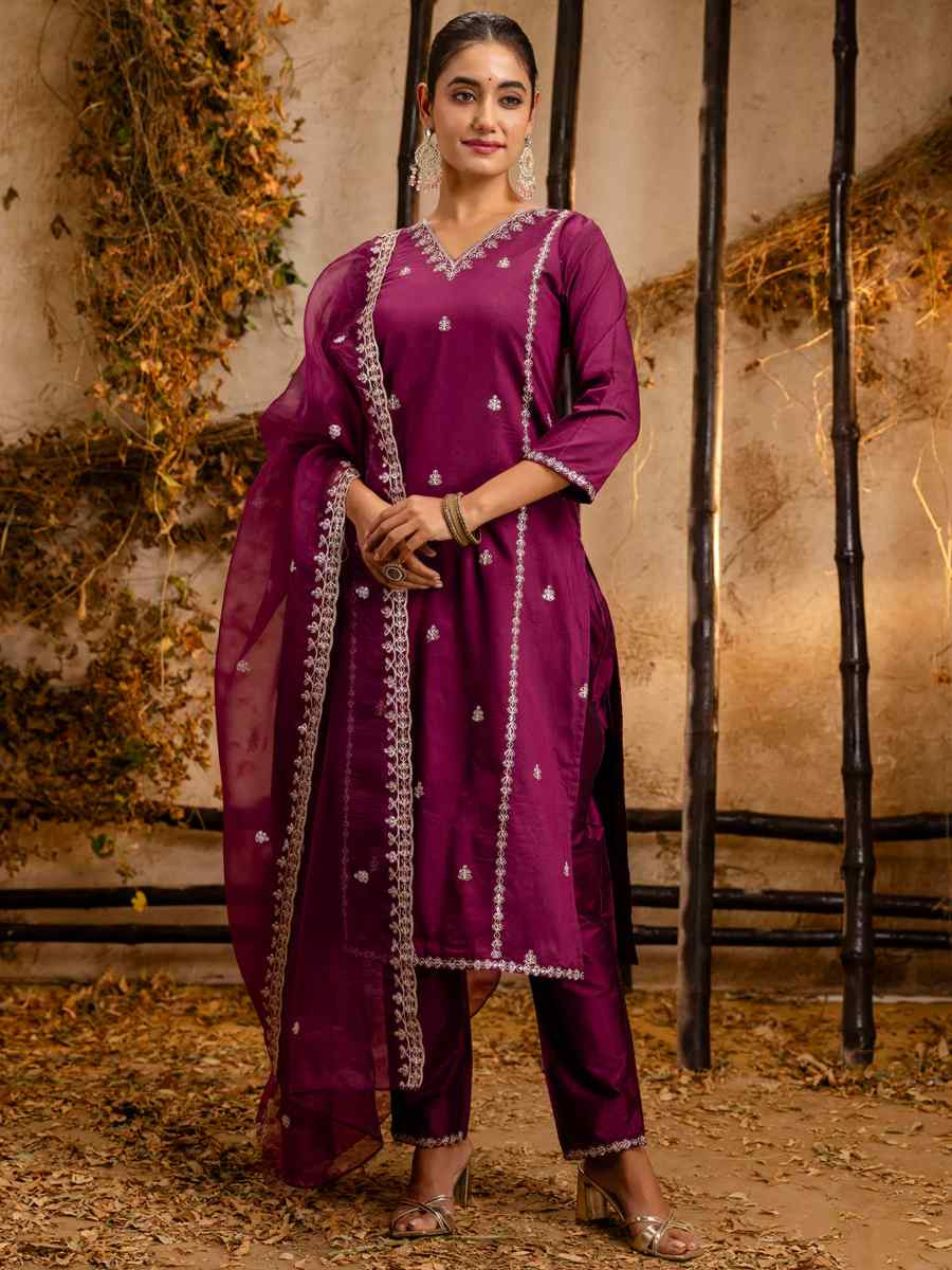 Purple Silk Blend Embroidered Festival Casual Ready Pant Salwar Kameez