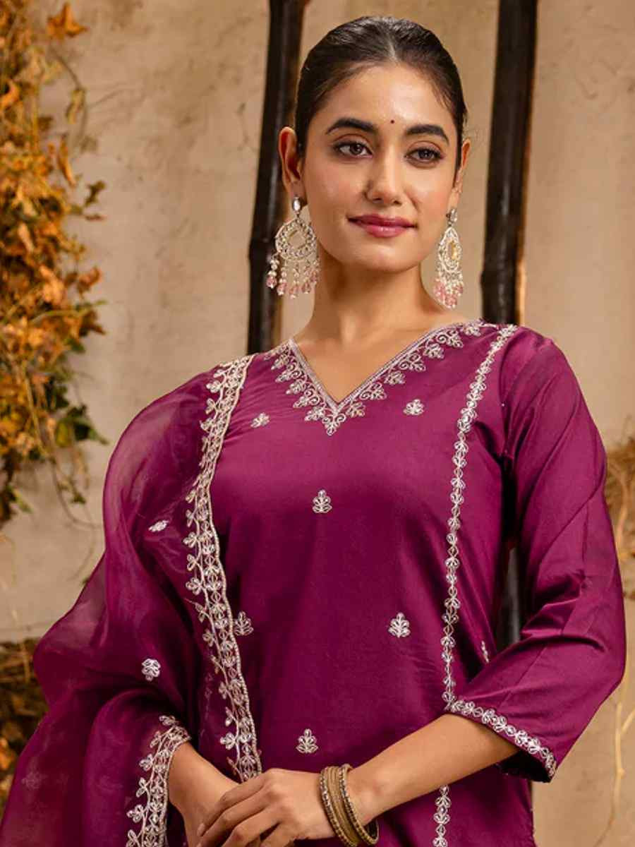 Purple Silk Blend Embroidered Festival Casual Ready Pant Salwar Kameez