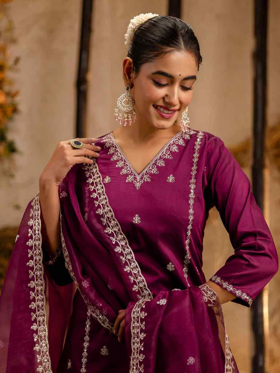 Purple Silk Blend Embroidered Festival Casual Ready Pant Salwar Kameez