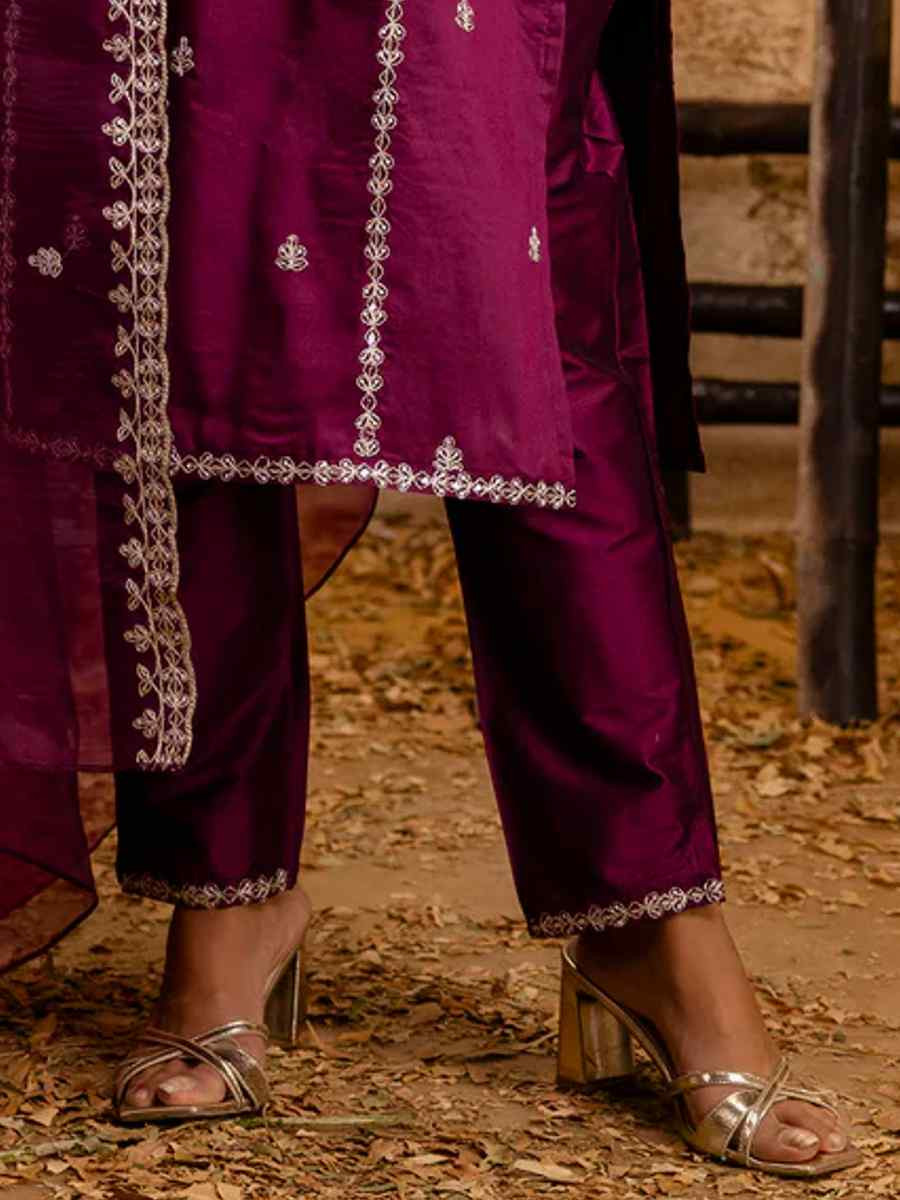 Purple Silk Blend Embroidered Festival Casual Ready Pant Salwar Kameez