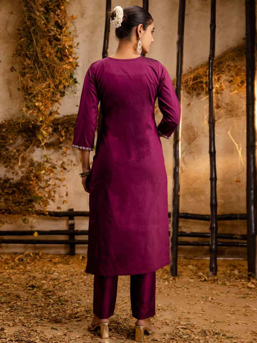 Purple Silk Blend Embroidered Festival Casual Ready Pant Salwar Kameez