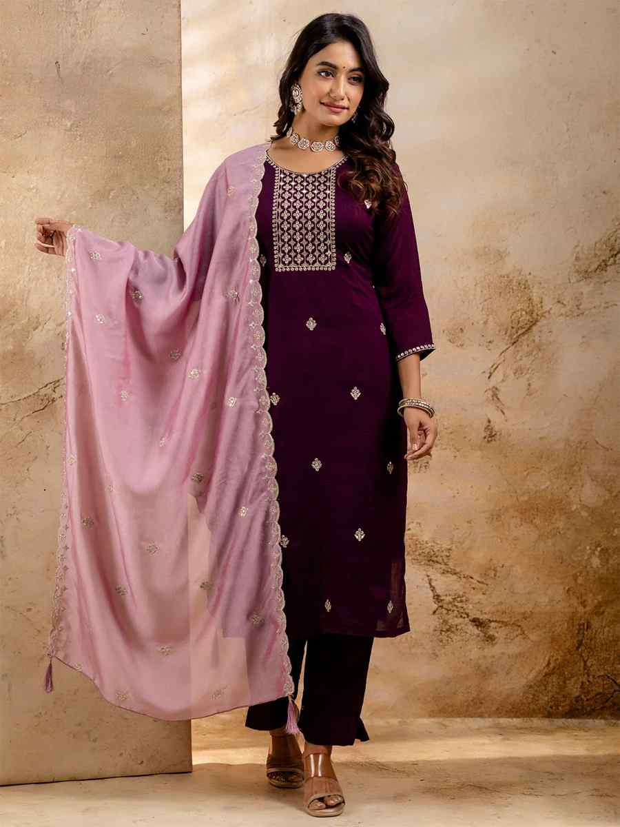 Purple Silk Blend Embroidered Festival Casual Ready Pant Salwar Kameez