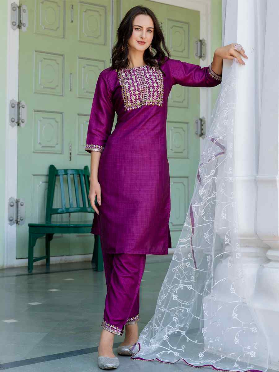 Purple Silk Blend Embroidered Festival Casual Ready Pant Salwar Kameez