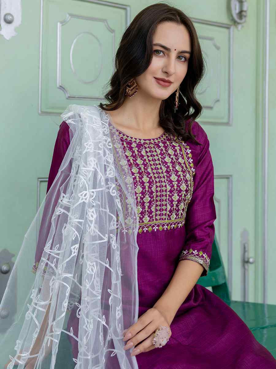 Purple Silk Blend Embroidered Festival Casual Ready Pant Salwar Kameez