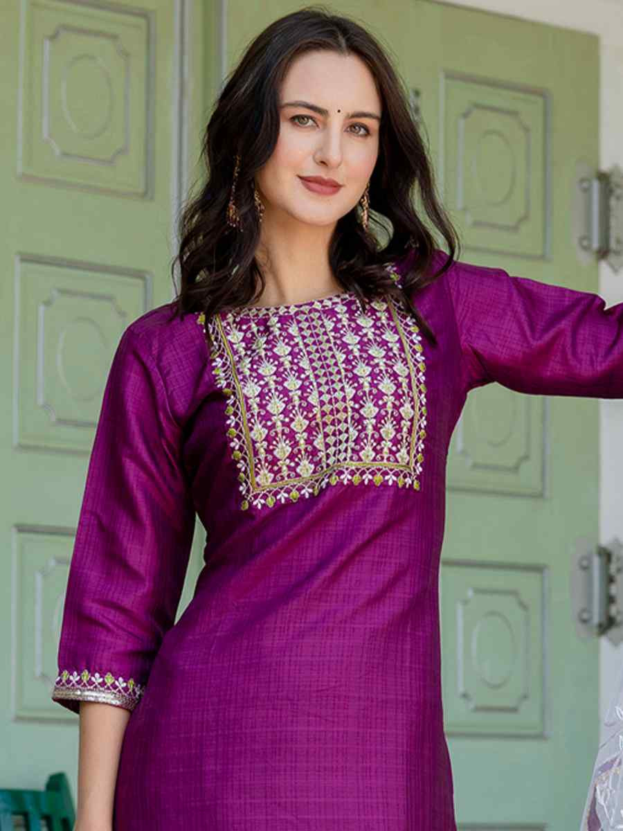 Purple Silk Blend Embroidered Festival Casual Ready Pant Salwar Kameez