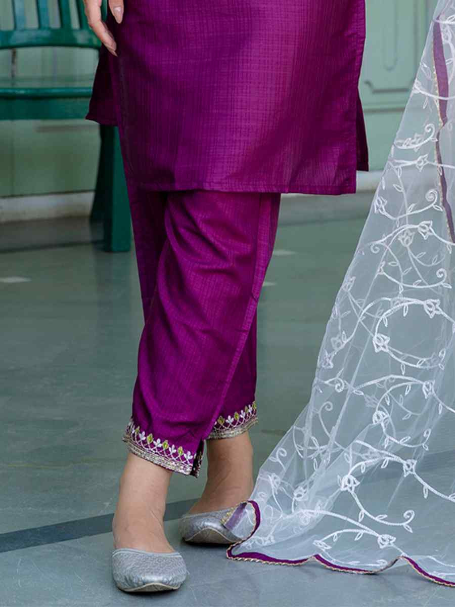 Purple Silk Blend Embroidered Festival Casual Ready Pant Salwar Kameez