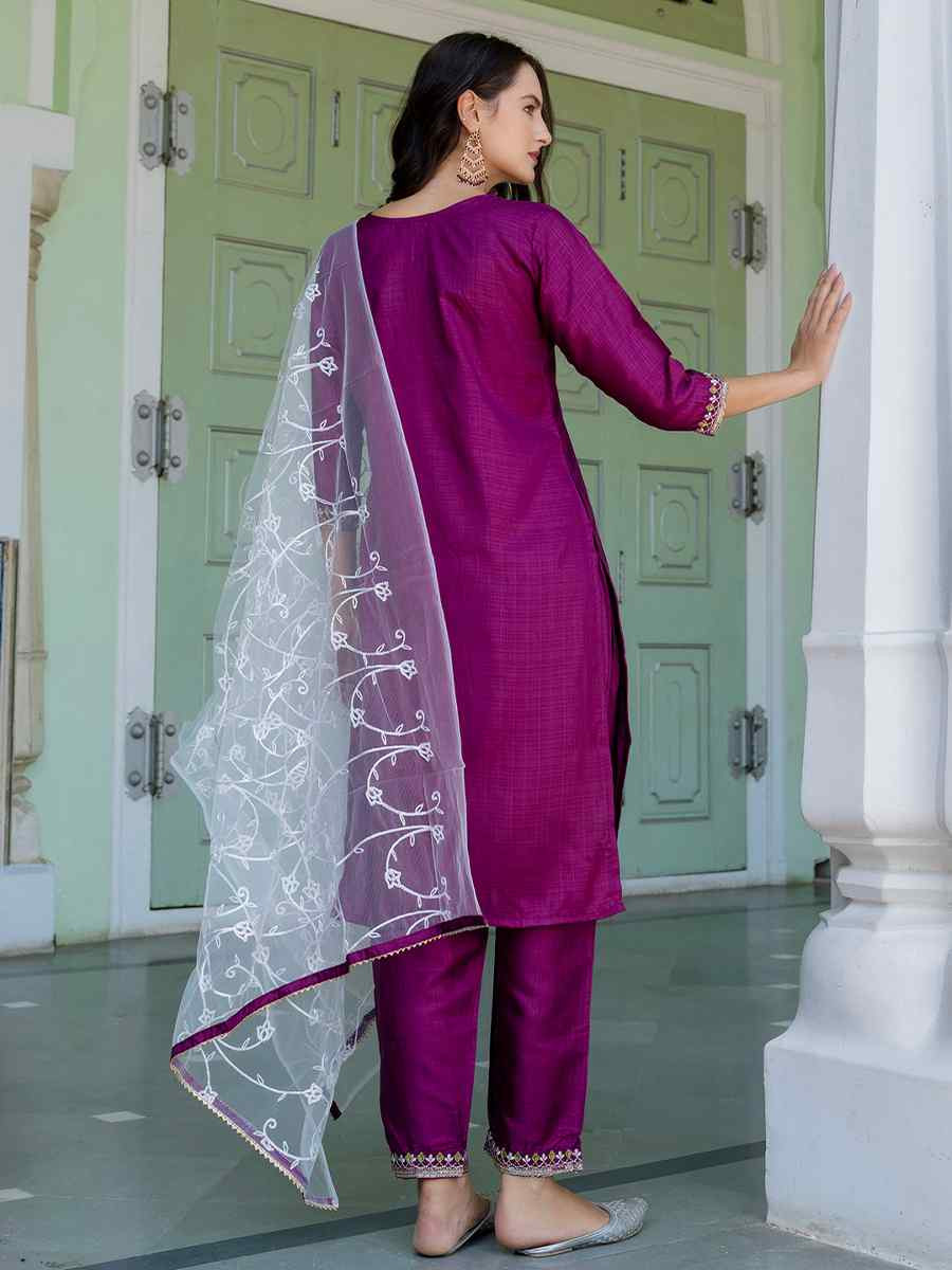 Purple Silk Blend Embroidered Festival Casual Ready Pant Salwar Kameez