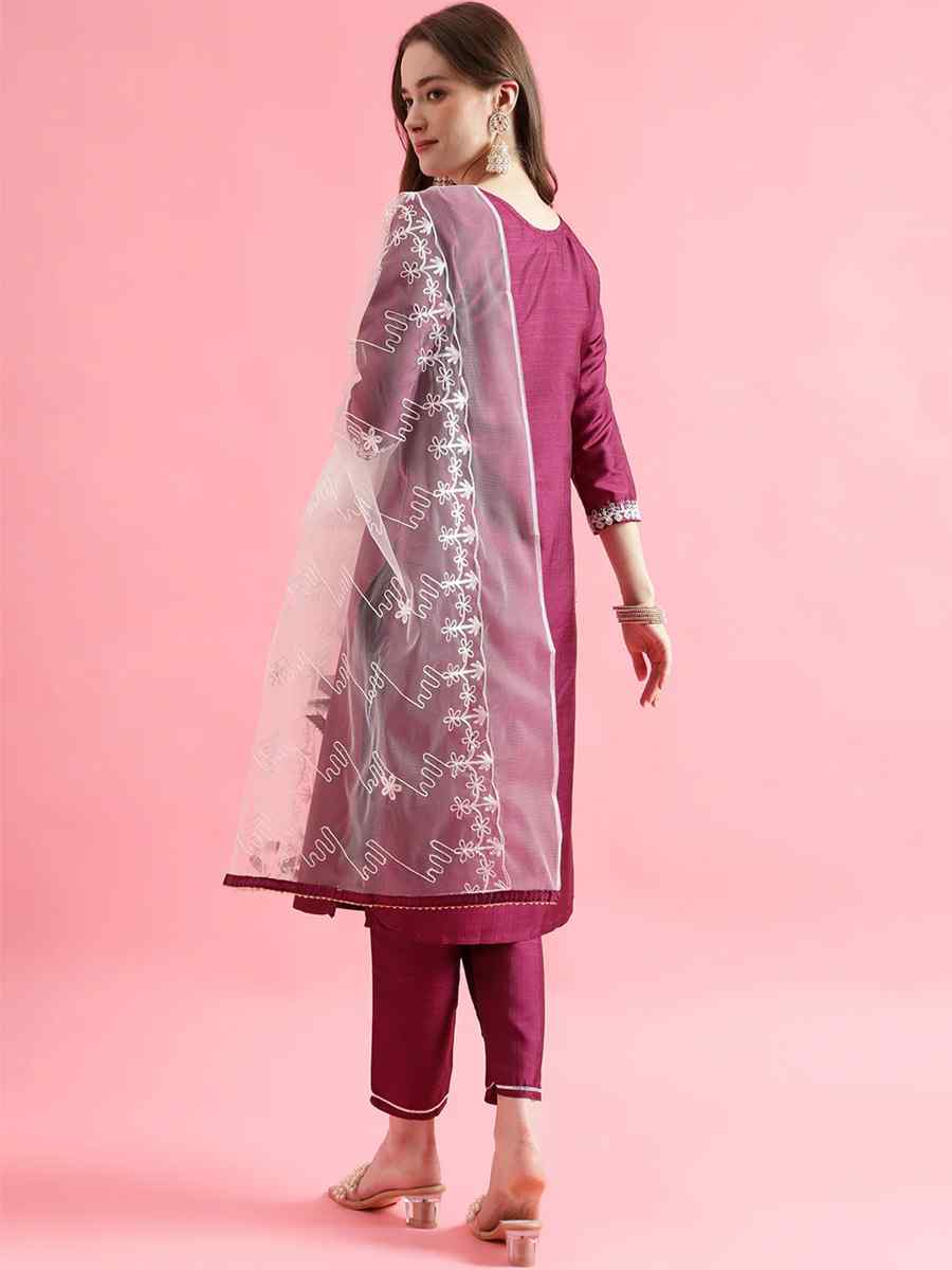 Purple Silk Blend Embroidered Festival Casual Ready Pant Salwar Kameez