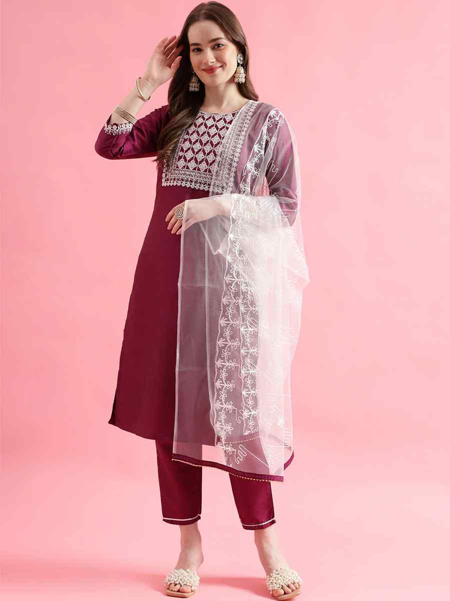 Purple Silk Blend Embroidered Festival Casual Ready Pant Salwar Kameez