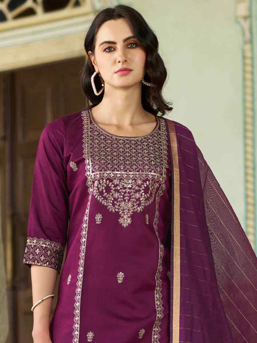 Purple Silk Blend Embroidered Festival Mehendi Ready Pant Salwar Kameez