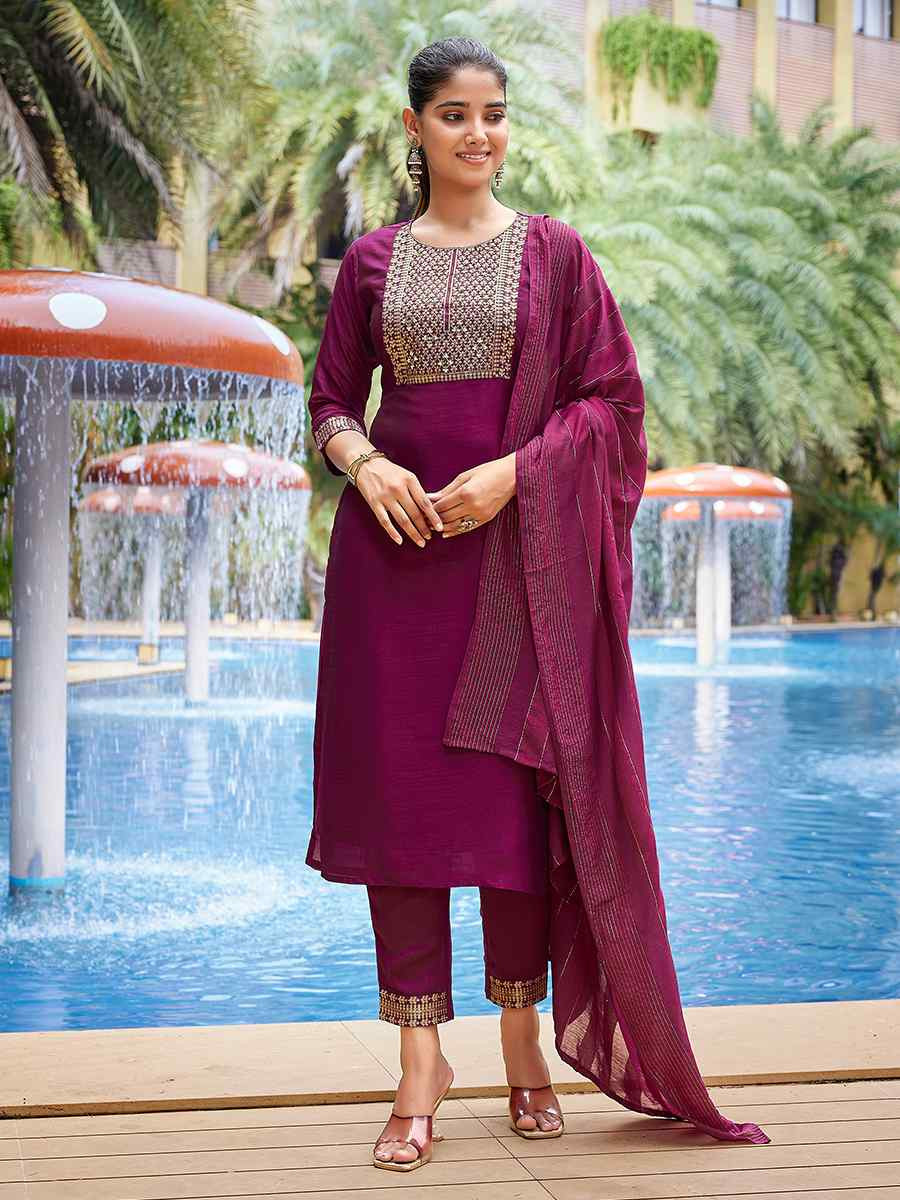Purple Silk Blend Embroidered Party Wedding Ready Pant Salwar Kameez
