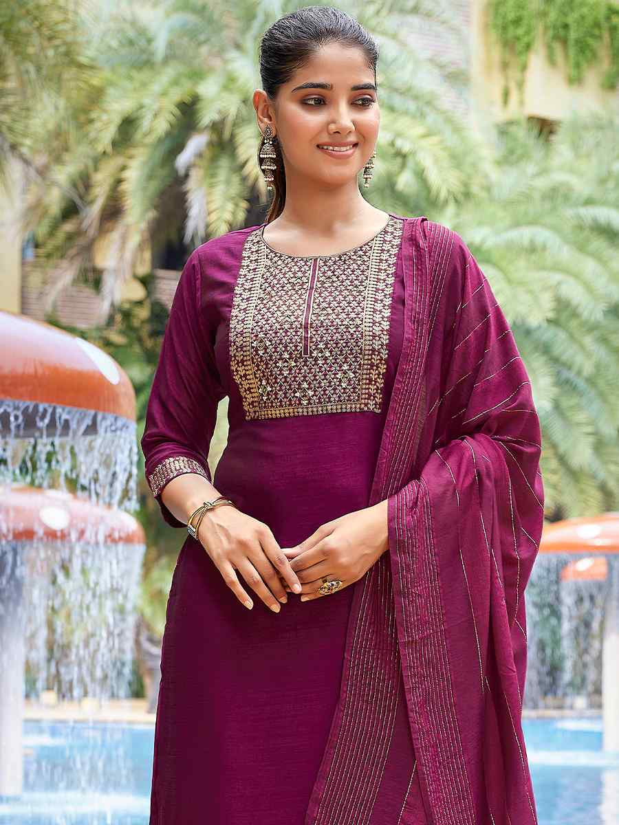 Purple Silk Blend Embroidered Party Wedding Ready Pant Salwar Kameez