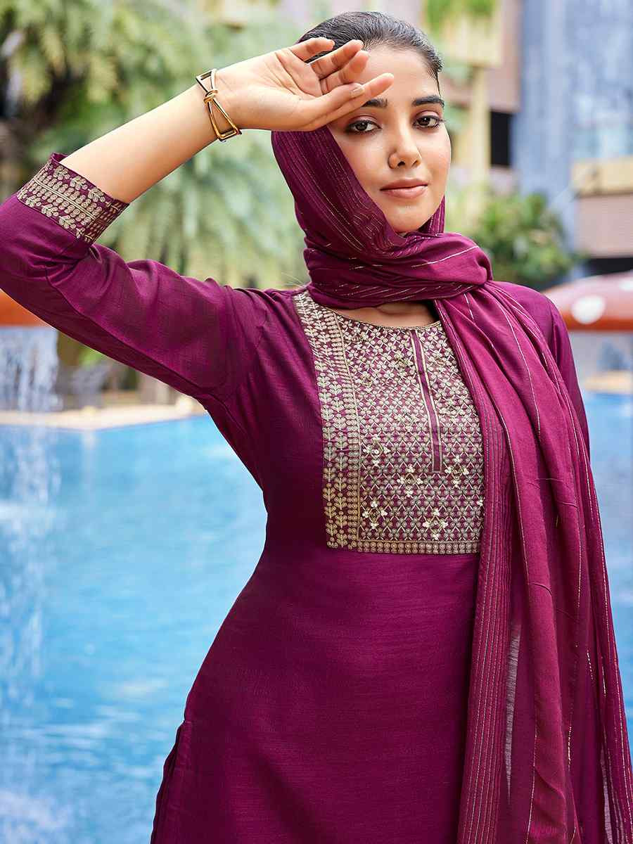 Purple Silk Blend Embroidered Party Wedding Ready Pant Salwar Kameez