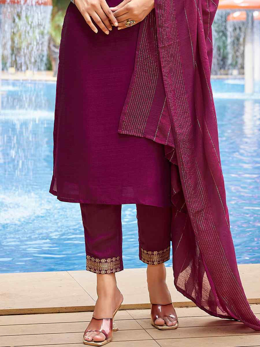 Purple Silk Blend Embroidered Party Wedding Ready Pant Salwar Kameez