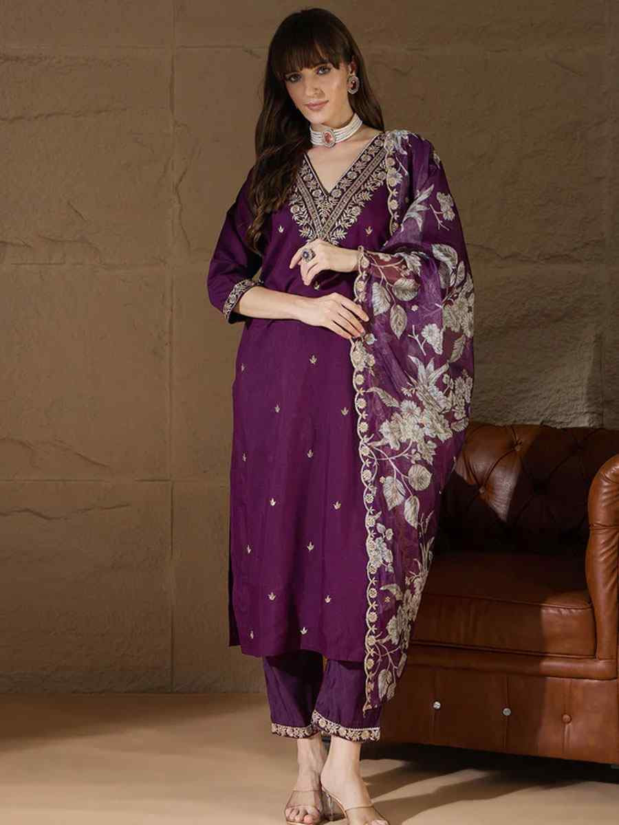 Purple Silk Blend Embroidery Party Wedding Festival Casual Ready Pant Salwar Kameez