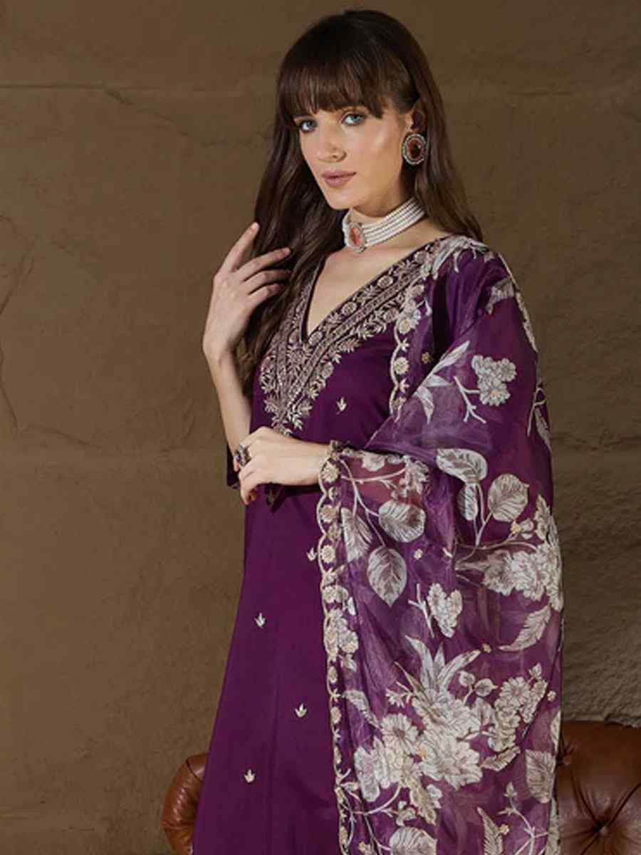 Purple Silk Blend Embroidery Party Wedding Festival Casual Ready Pant Salwar Kameez