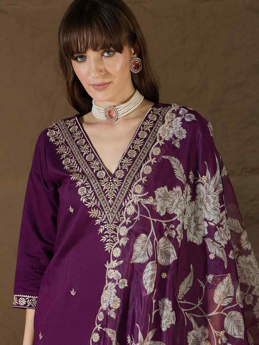 Purple Silk Blend Embroidery Party Wedding Festival Casual Ready Pant Salwar Kameez