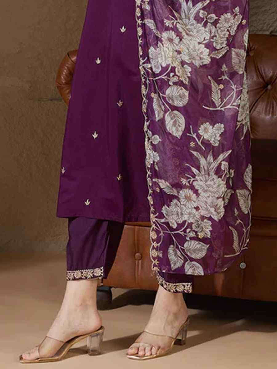 Purple Silk Blend Embroidery Party Wedding Festival Casual Ready Pant Salwar Kameez