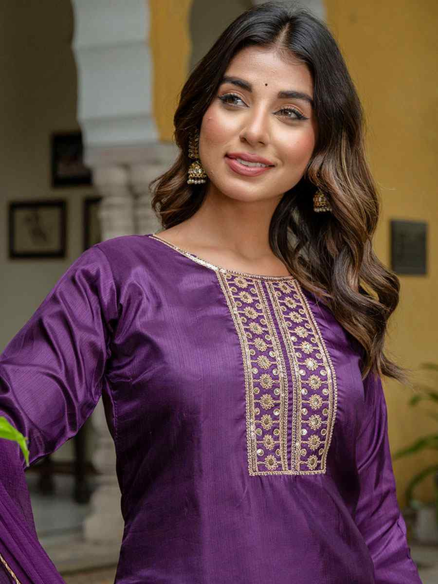 Purple Silk Blend Embroidery Party Wedding Festival Casual Ready Pant Salwar Kameez