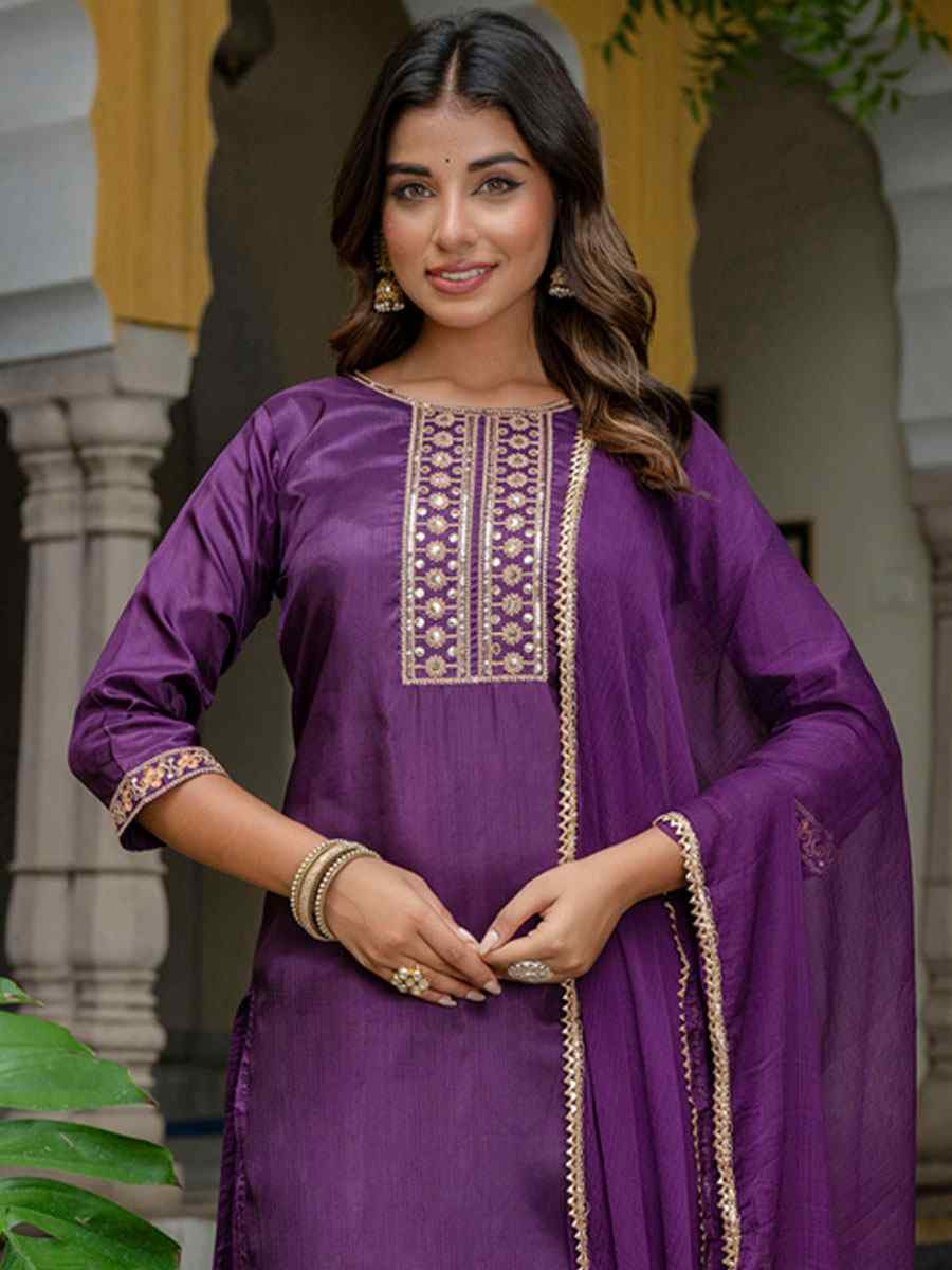 Purple Silk Blend Embroidery Party Wedding Festival Casual Ready Pant Salwar Kameez