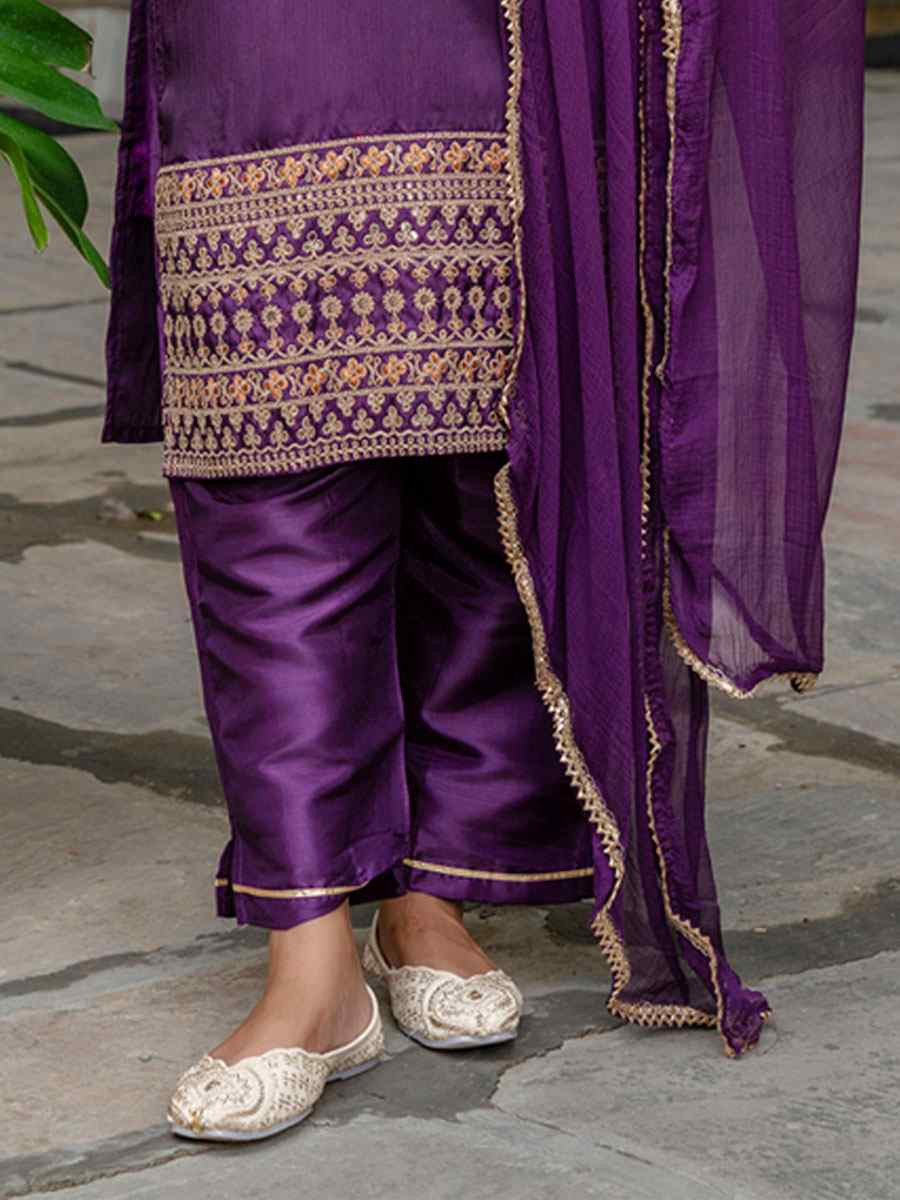 Purple Silk Blend Embroidery Party Wedding Festival Casual Ready Pant Salwar Kameez