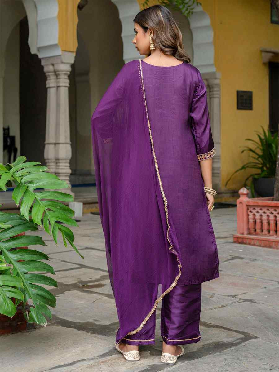 Purple Silk Blend Embroidery Party Wedding Festival Casual Ready Pant Salwar Kameez
