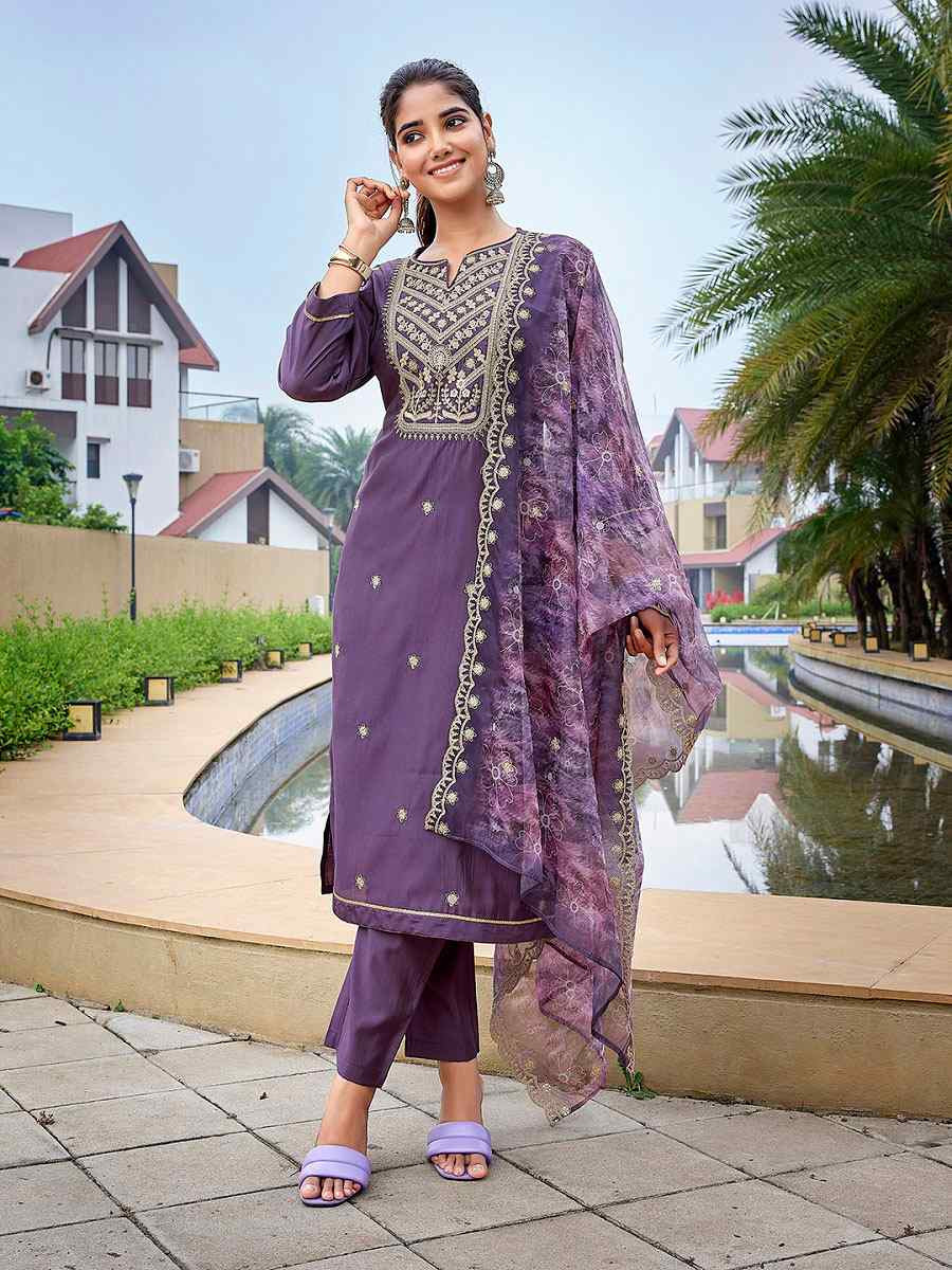 Purple Silk Blend Embroidery Party Wedding Festival Casual Ready Pant Salwar Kameez