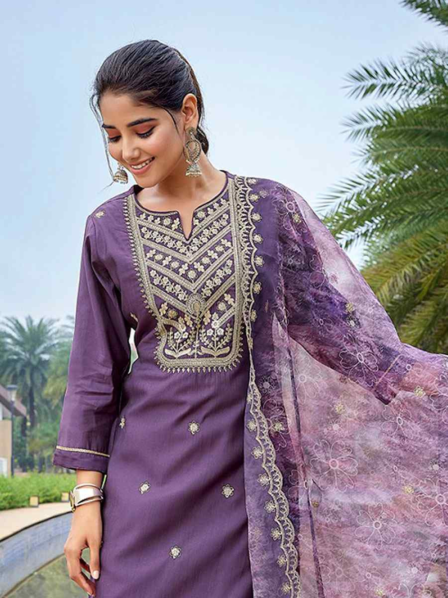 Purple Silk Blend Embroidery Party Wedding Festival Casual Ready Pant Salwar Kameez