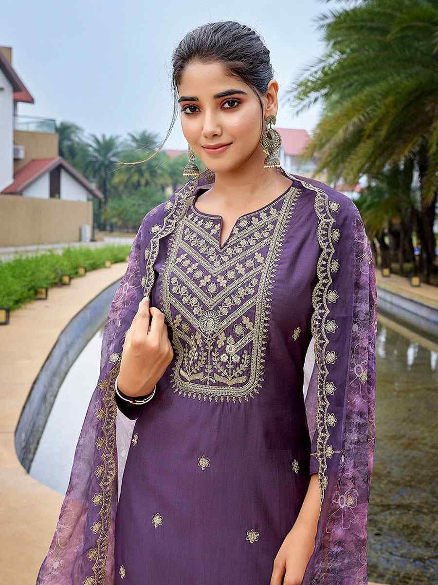Purple Silk Blend Embroidery Party Wedding Festival Casual Ready Pant Salwar Kameez