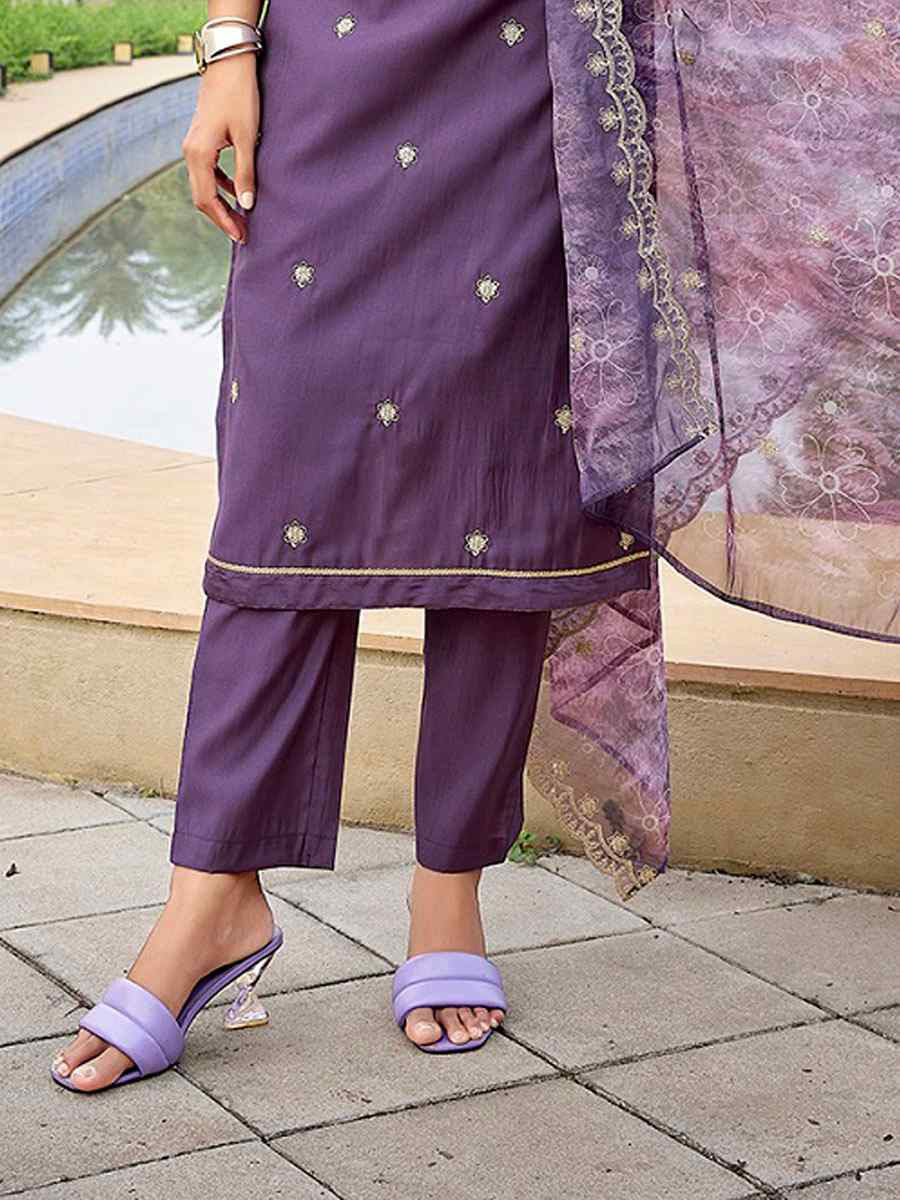 Purple Silk Blend Embroidery Party Wedding Festival Casual Ready Pant Salwar Kameez