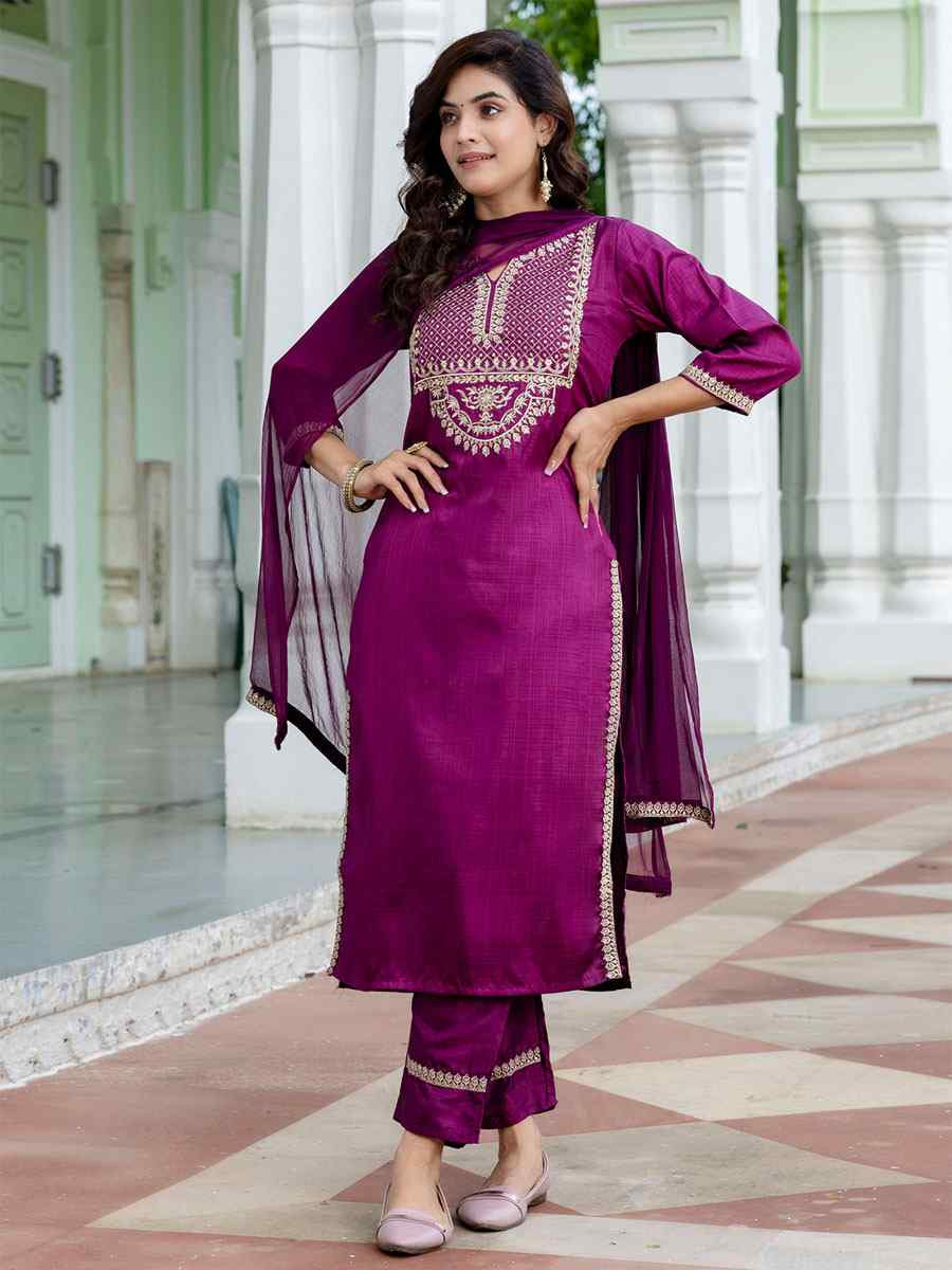 Purple Silk Blend Embroidery Party Wedding Festival Casual Ready Pant Salwar Kameez