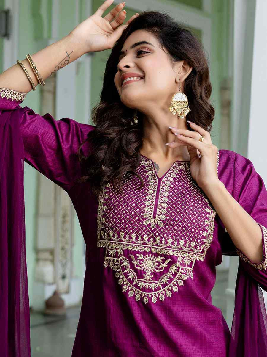 Purple Silk Blend Embroidery Party Wedding Festival Casual Ready Pant Salwar Kameez