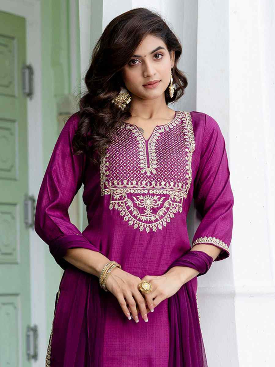 Purple Silk Blend Embroidery Party Wedding Festival Casual Ready Pant Salwar Kameez