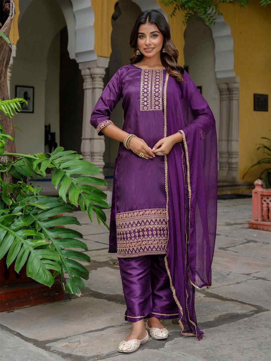 Purple Silk Blend Embroidery Party Wedding Festival Casual Ready Pant Salwar Kameez