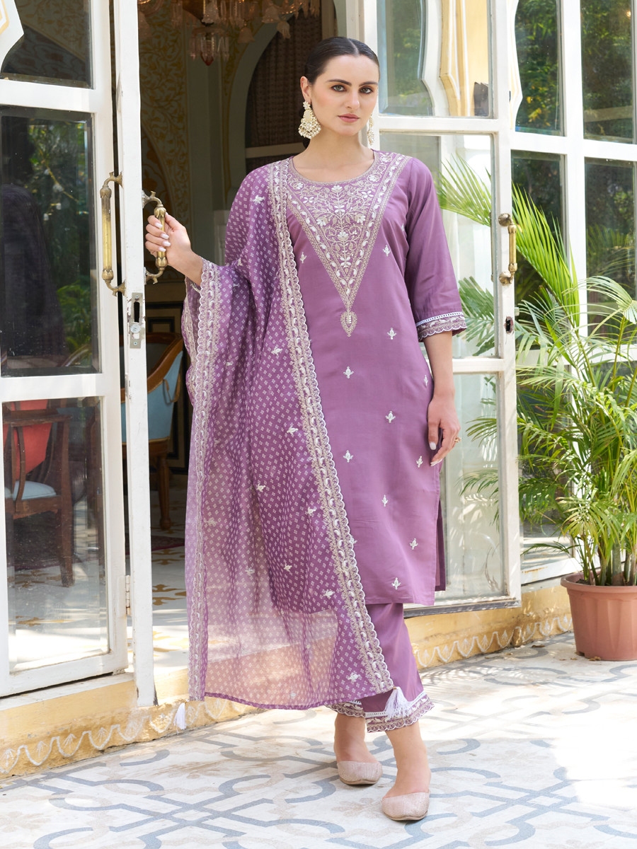 Purple Silk Blend Embroidery Sequins Wedding Party Festival Casual Ready Pant Salwar Kameez