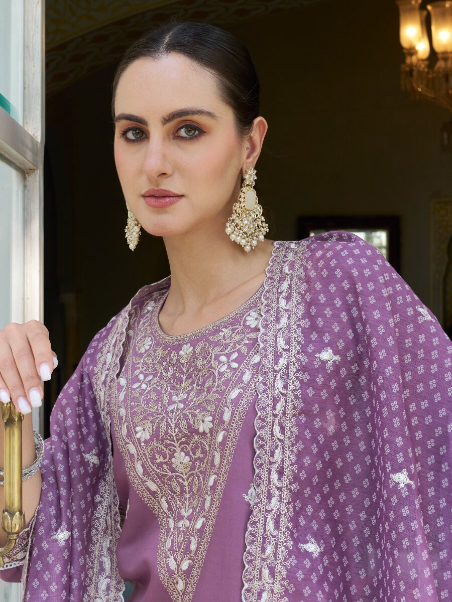 Purple Silk Blend Embroidery Sequins Wedding Party Festival Casual Ready Pant Salwar Kameez
