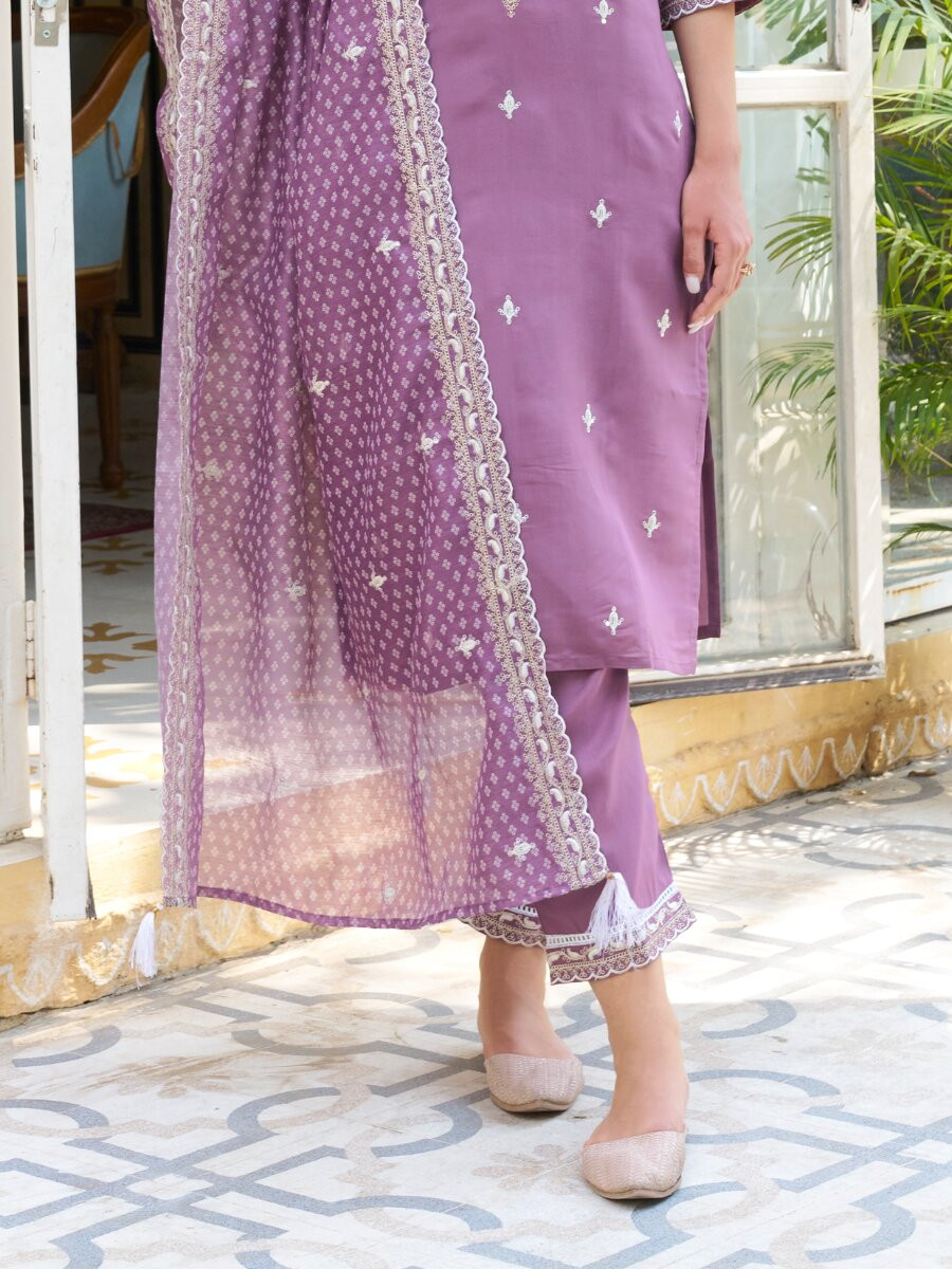 Purple Silk Blend Embroidery Sequins Wedding Party Festival Casual Ready Pant Salwar Kameez